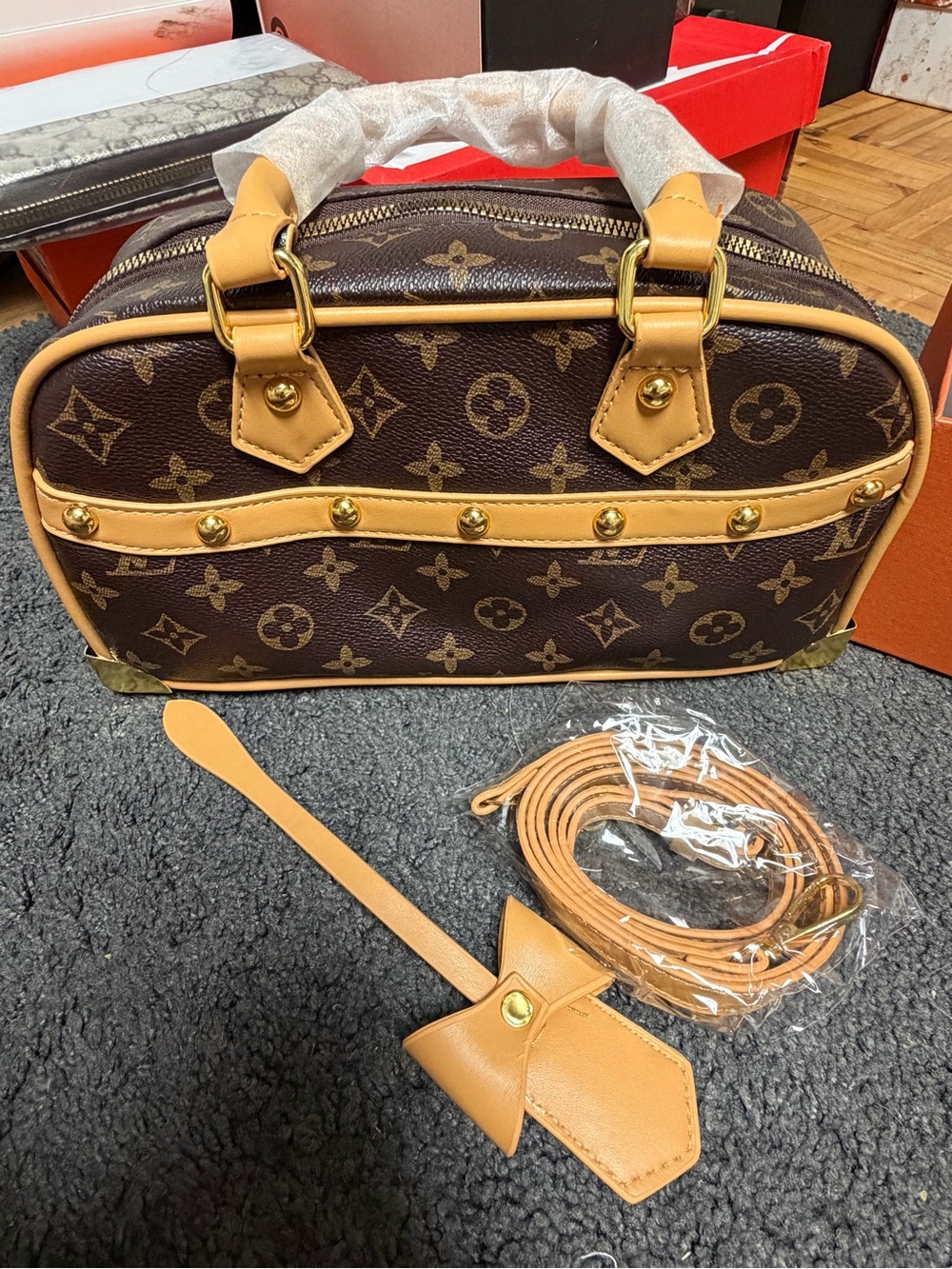 Amazon Brown and Tan Monogram Crossbody Satchel
